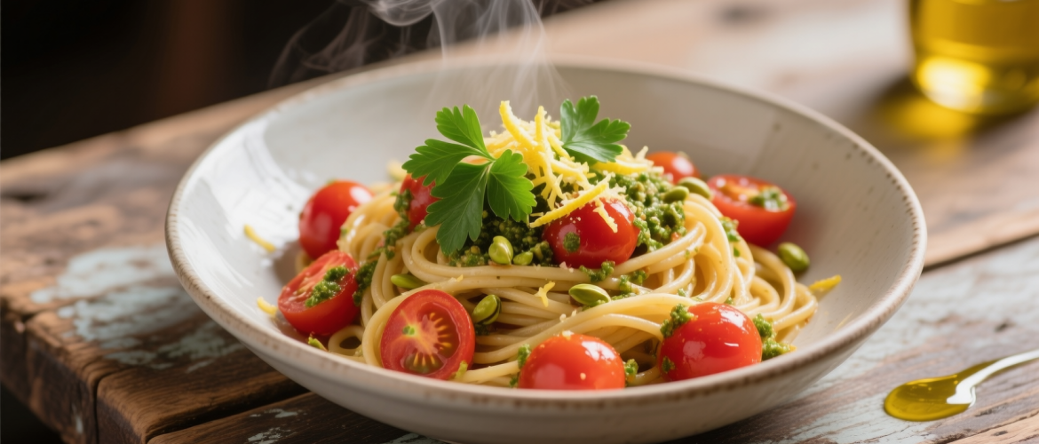 باستا الطماطم بلمسة الجمّولاتا بالفستق