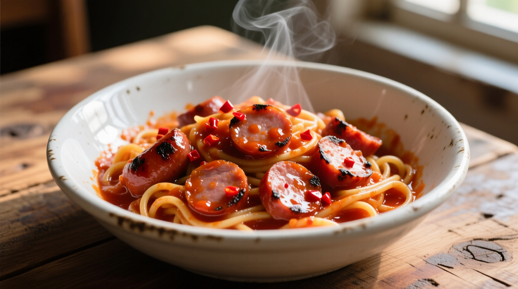 مكرونة بالسجق والصوص الأحمر الحراق