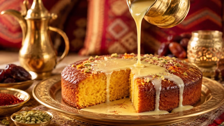 طريقة عمل كيكة الزعفران الخليجية بصوص الحليب الغني