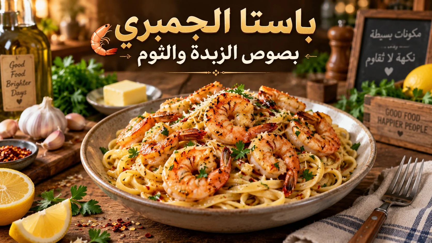 باستا الجمبري بصوص الزبدة والثوم