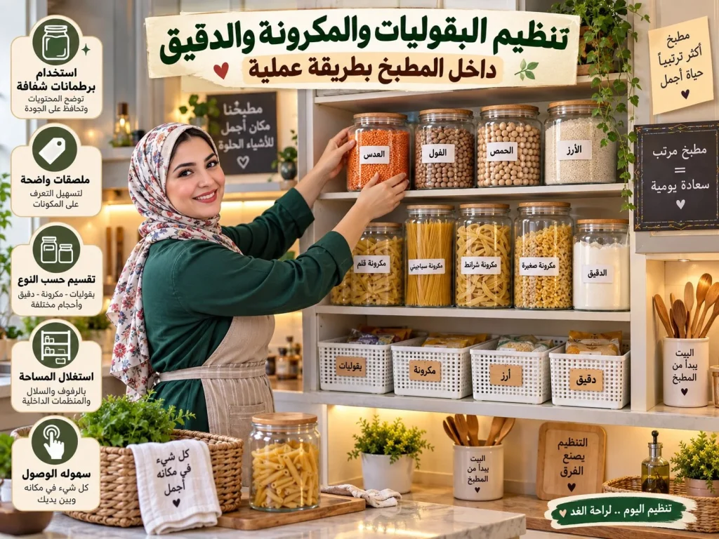 تنظيم البقوليات والمكرونة والدقيق داخل المطبخ بطريقة عملية