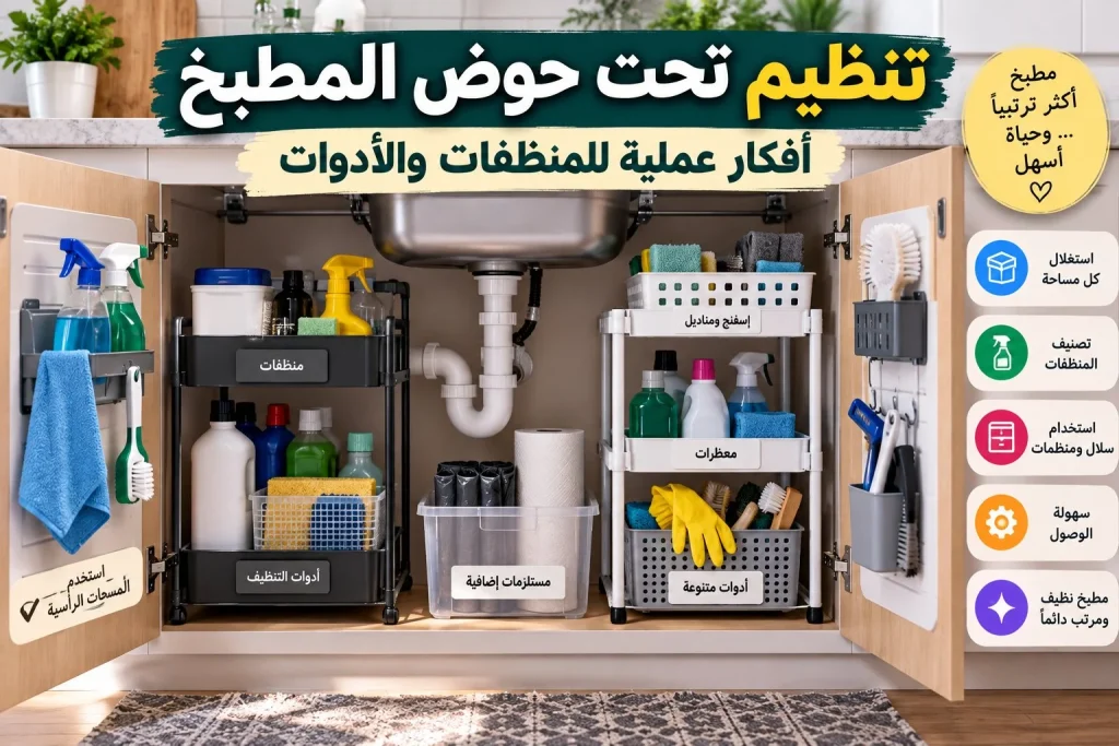 تنظيم تحت حوض المطبخ: أفكار عملية للمنظفات والأدوات