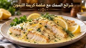 شرائح السمك مع صلصة كريمة الليمون بطريقة سهلة
